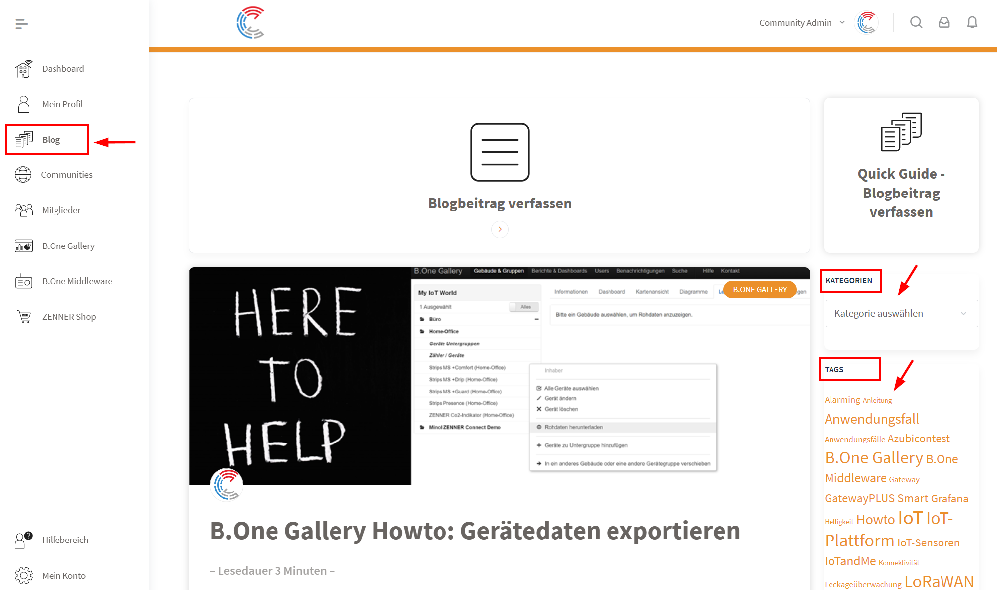 Überblick B.One Community - Blog mit Kategorien und Tag-Wolke