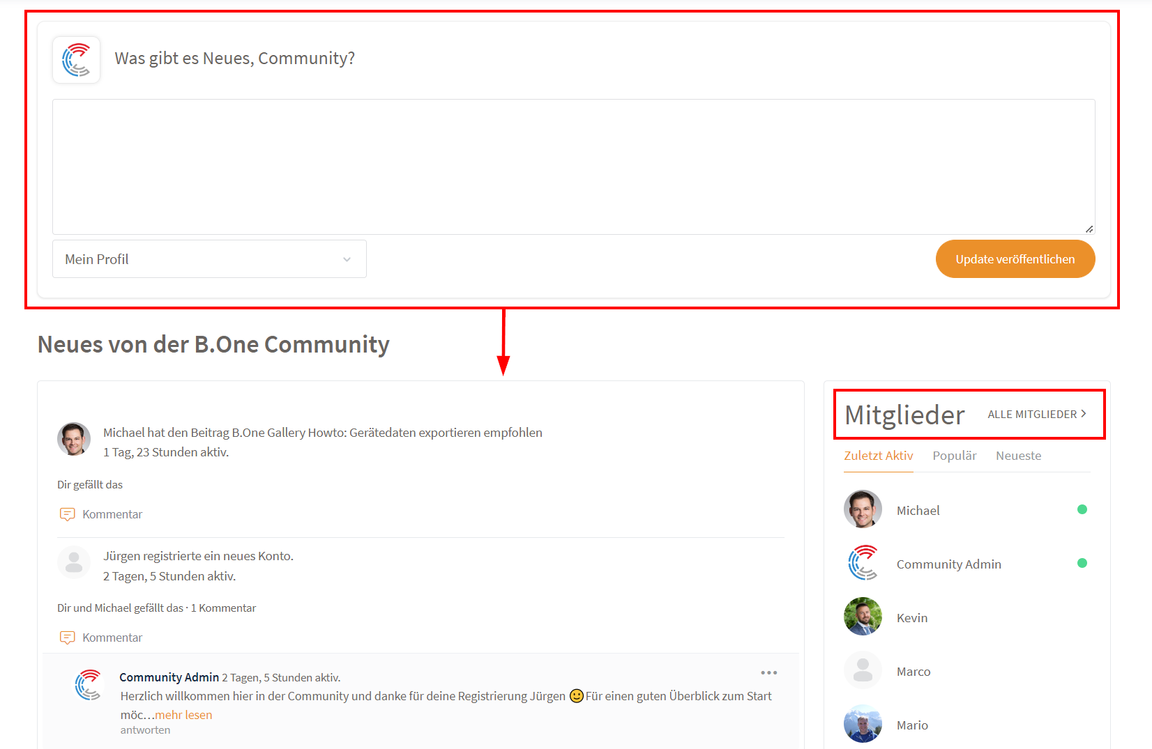 Überblick B.One Community - Aktivitäten & Mitglieder im Dashboard