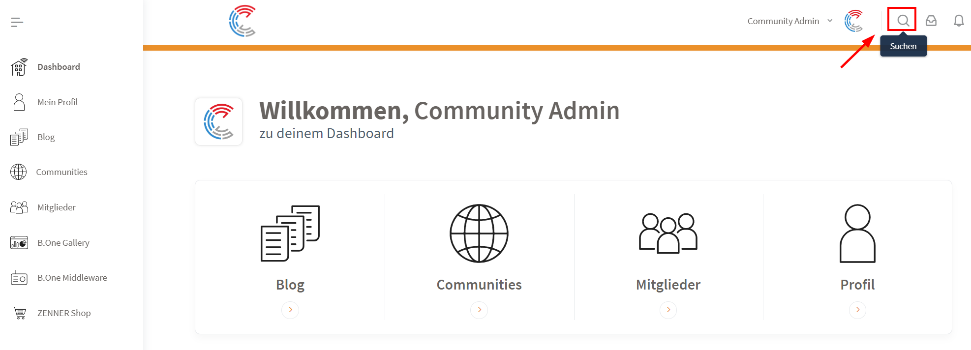Überblick B.One Community - Globale Suche im Header