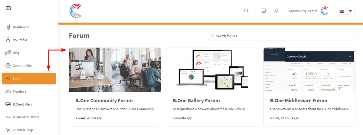 B.One Community: Access forums via left navigation bar