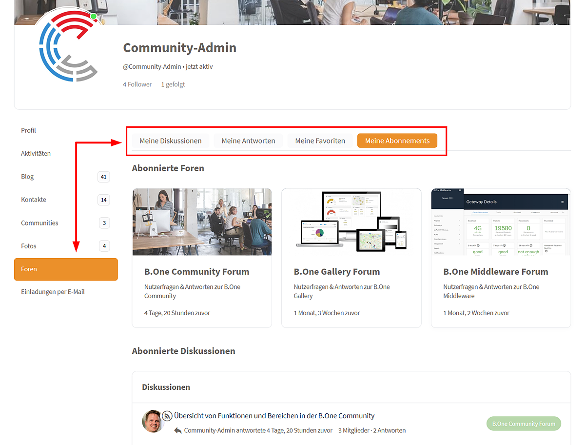 B.One Community Foren über eigenes Profil aufrufen