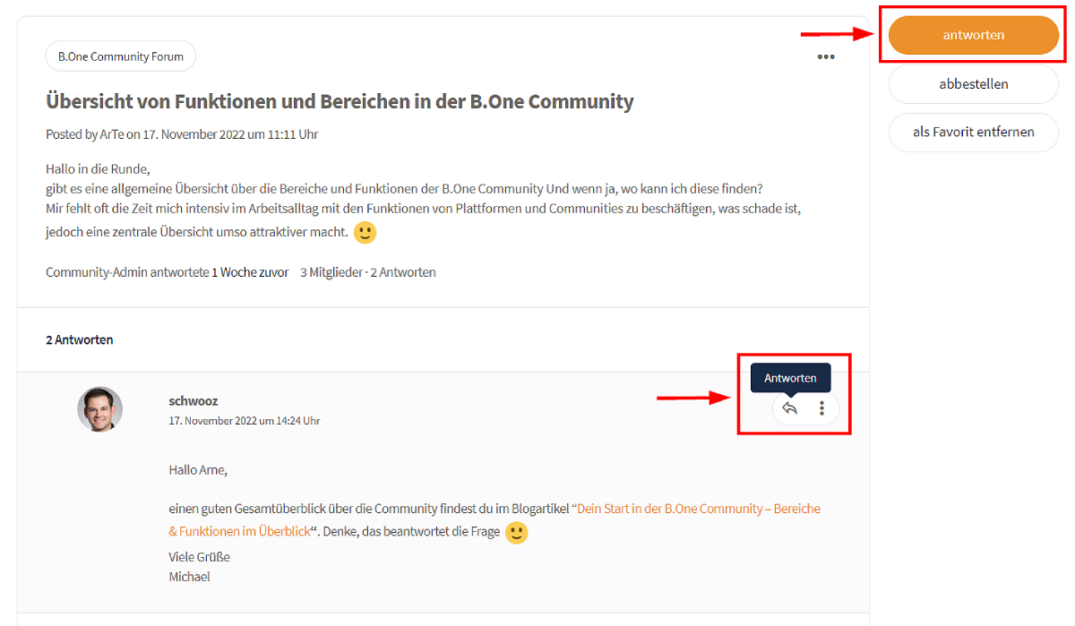 B.One Community: Auf eine Diskussion antworten