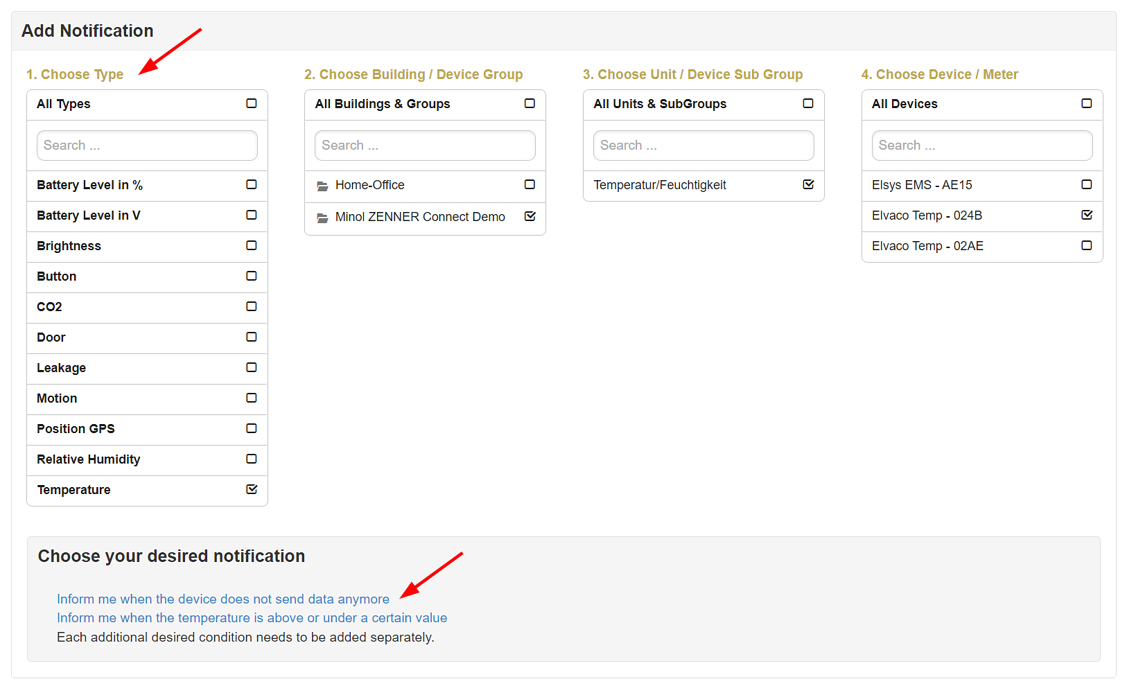 B.One Gallery: select devices for new notification