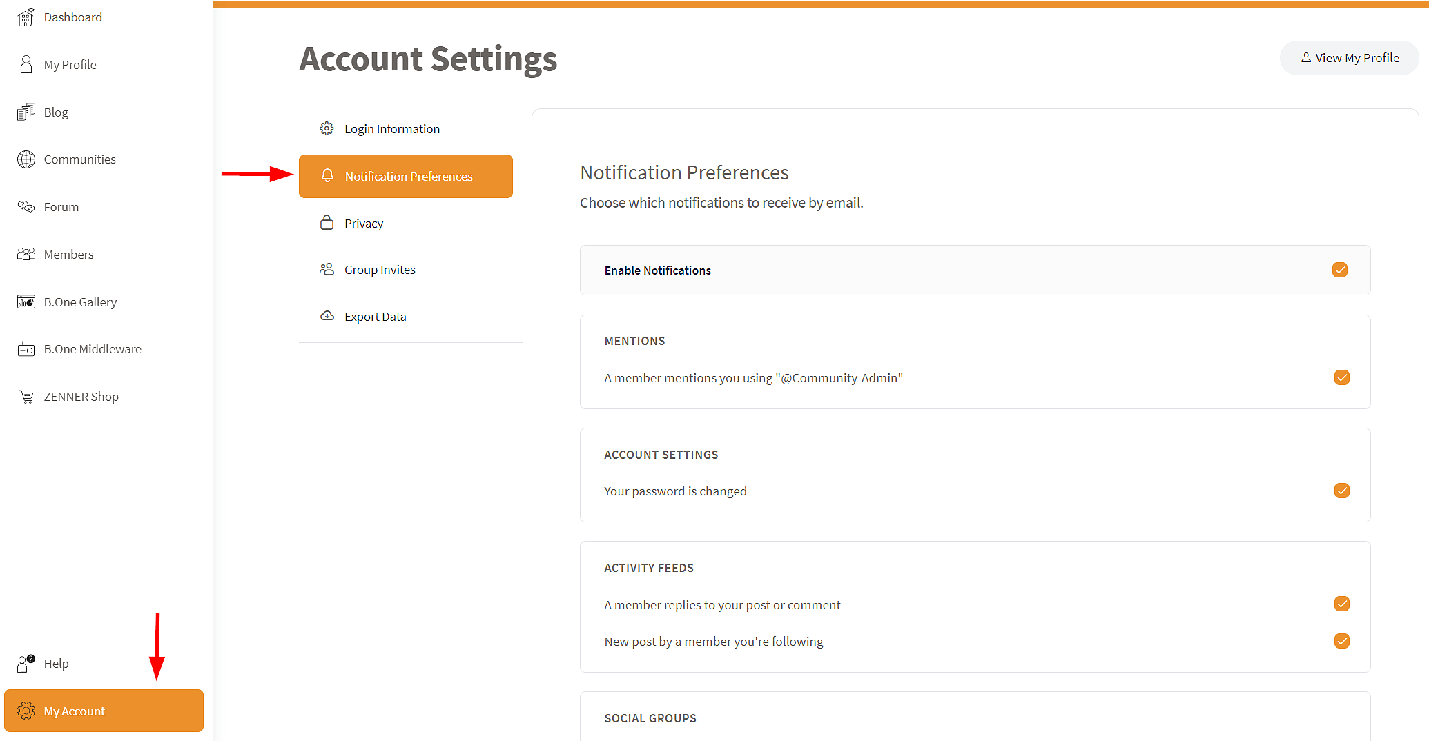 B.One Community: Email Notification Settings in your Account
