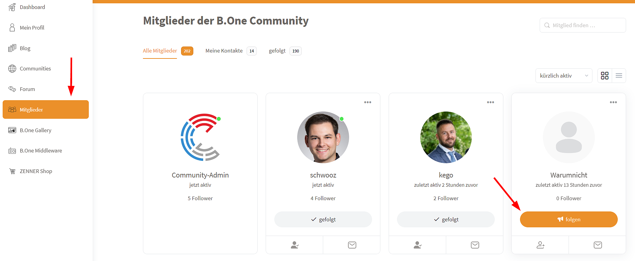 B.One Community: Anderen Mitgliedern folgen (Mitglieder-Übersicht)