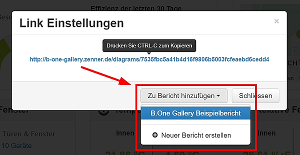 B.One Gallery: Öffentlichen Link einer Dashboard-Ansicht zu Bericht hinzufügen